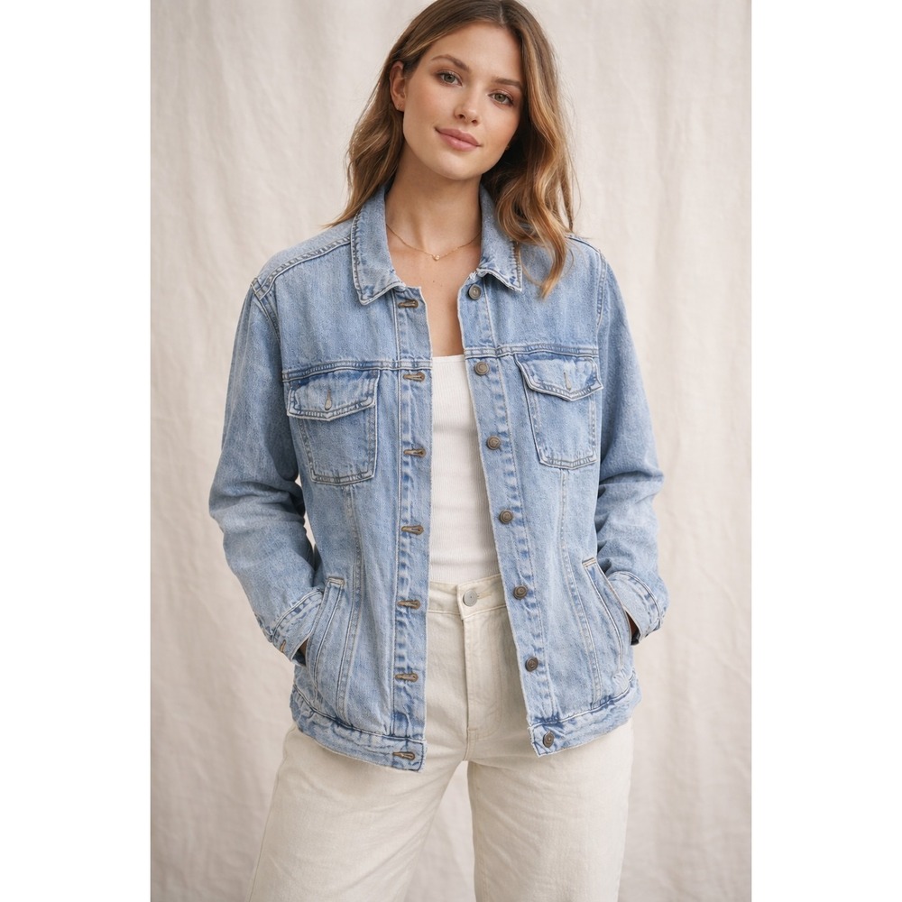 Free People Denim Jean Jacket Distressed Trucker Moto Womens L Y2K Boho - Picture 1 of 6